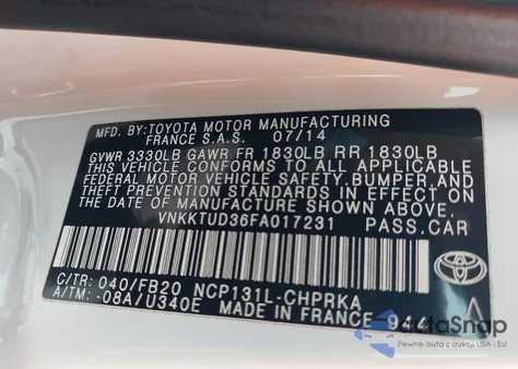 2015 Toyota Yaris Le from USA, damaged, VIN VNKKTUD36FA017231